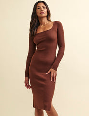 Brown Square Neck Knitted Midi Dress