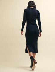Black Scoop Neck Collar Knitted Midi Dress