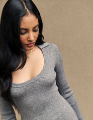 Grey Scoop Neck Collared Knitted Midi Dress