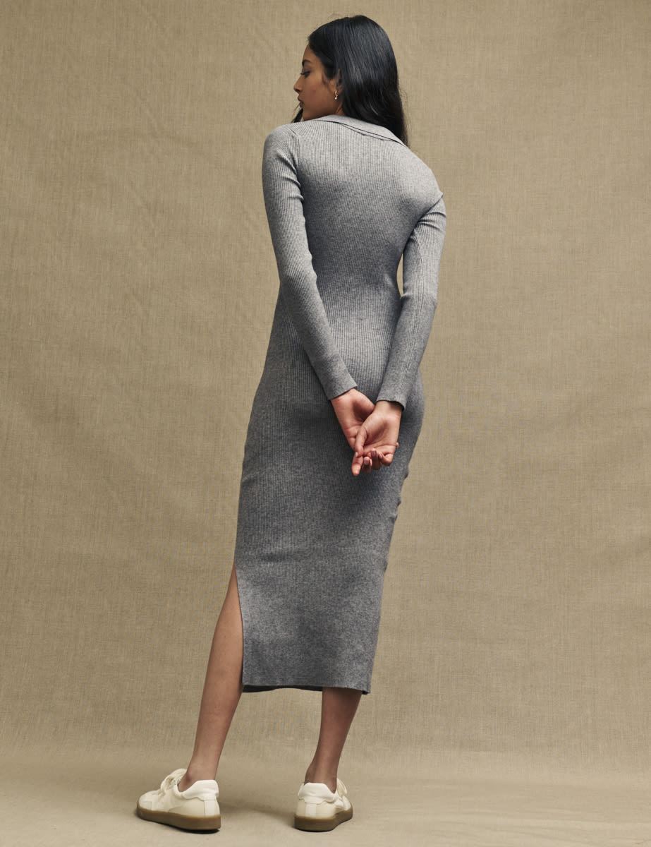 Grey Scoop Neck Collared Knitted Midi Dress