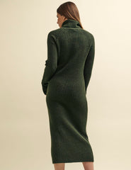 Khaki Green Roll Neck Knitted Midi Dress