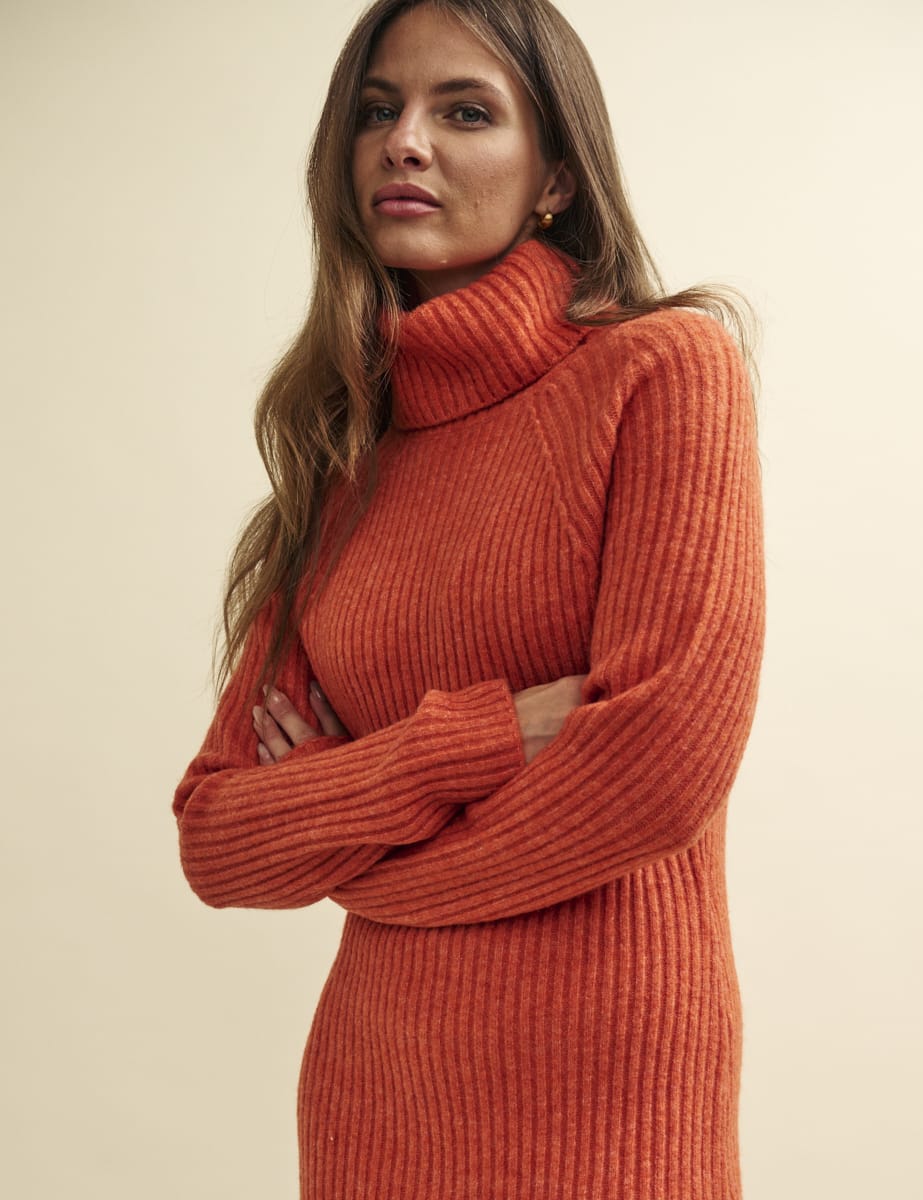 Orange Roll Neck Knitted Midi Dress