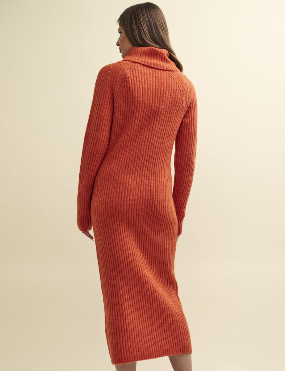 Orange Roll Neck Knitted Midi Dress