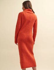 Orange Roll Neck Knitted Midi Dress