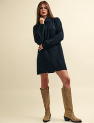 Black Roll Neck A-Line Knitted Mini Jumper Dress