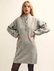 Grey Button-Up Funnel Neck Knitted Mini Dress
