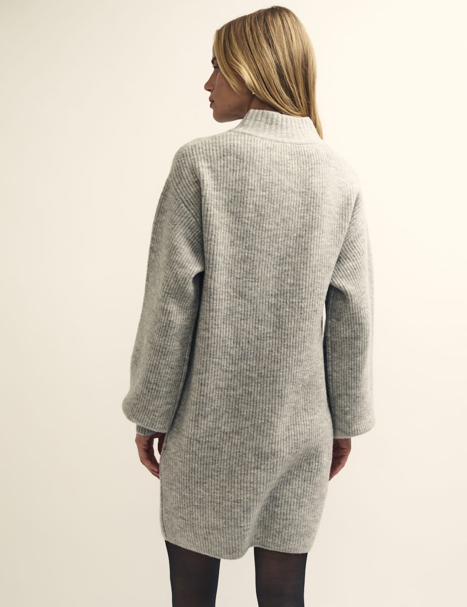 Grey Button-Up Funnel Neck Knitted Mini Dress