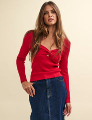 Red Sweetheart Twist Front Knitted Top