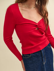 Red Sweetheart Twist Front Knitted Top