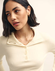 Cream Funnel Neck Button-Up Rib Knitted Top
