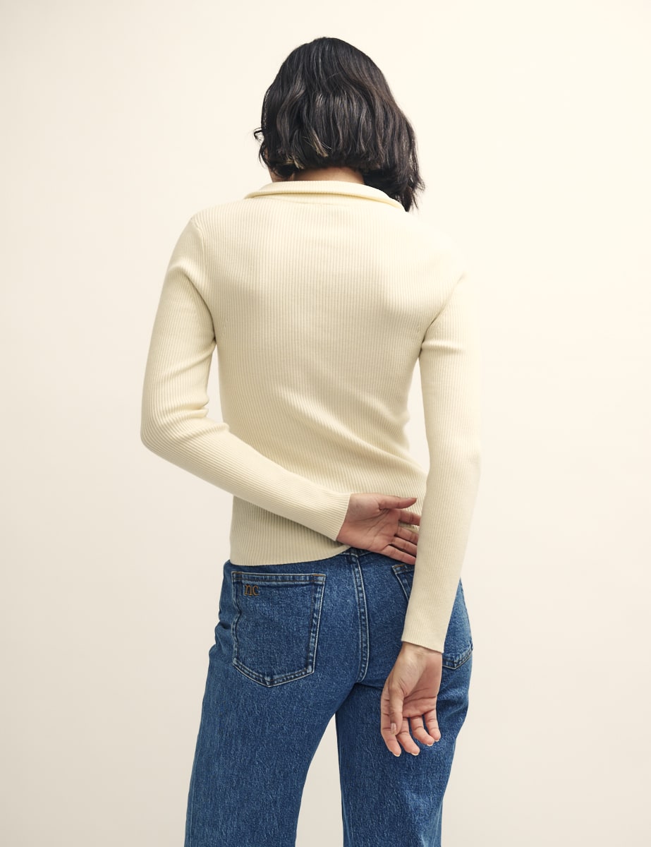 Cream Funnel Neck Button-Up Rib Knitted Top