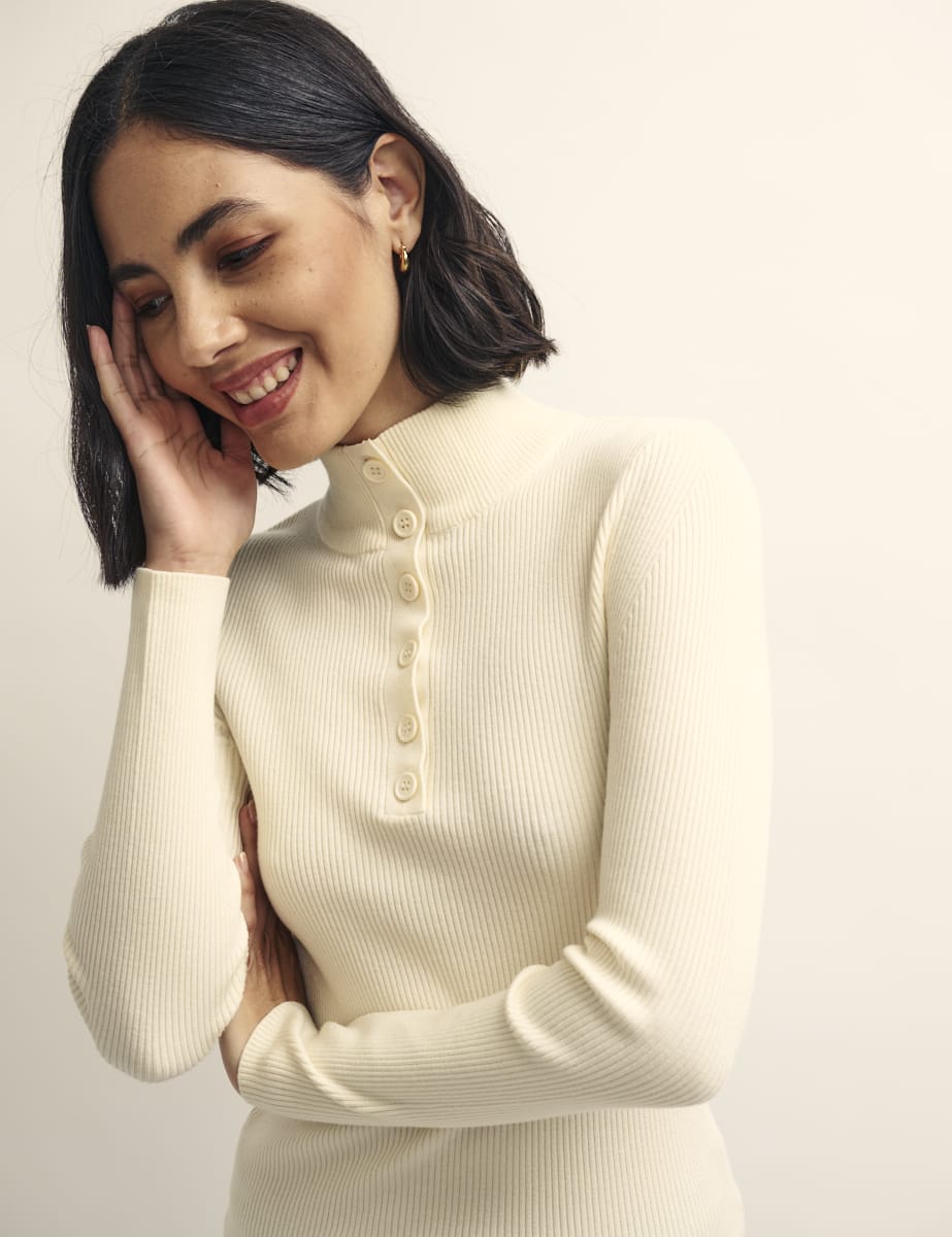Cream Funnel Neck Button-Up Rib Knitted Top
