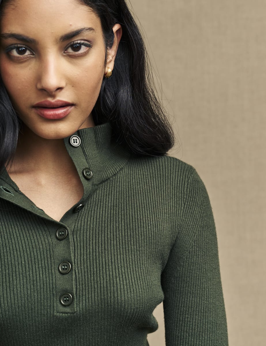 Khaki Green Button-Up Funnel Neck Rib Knit Top
