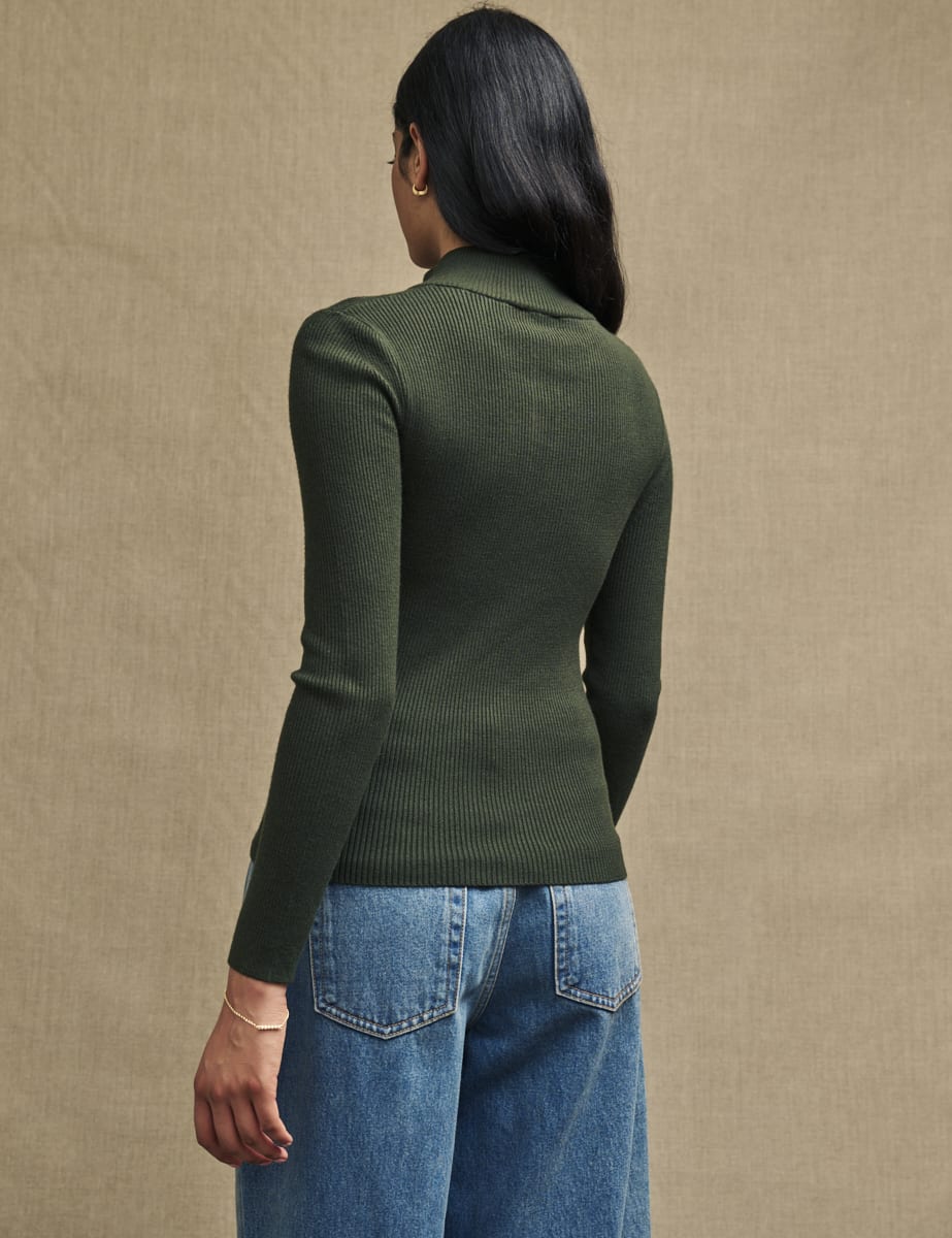 Khaki Green Button-Up Funnel Neck Rib Knit Top