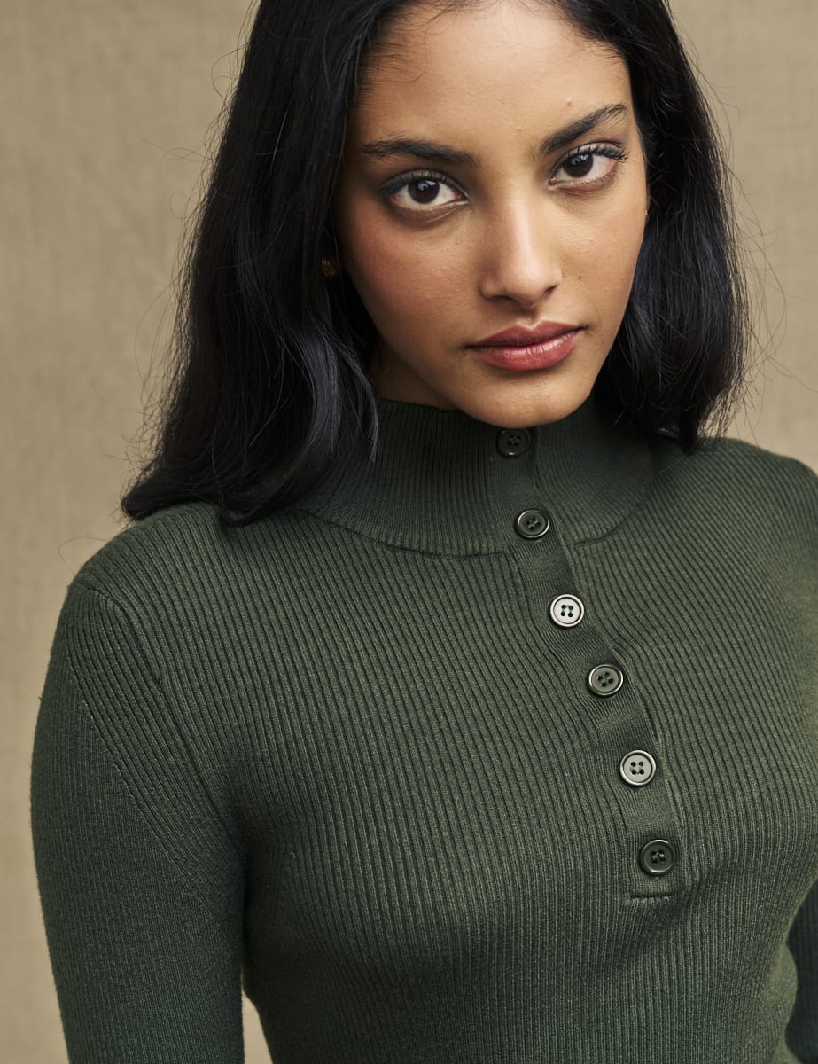 Khaki Green Button-Up Funnel Neck Rib Knit Top