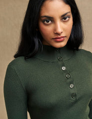 Khaki Green Button-Up Funnel Neck Rib Knit Top