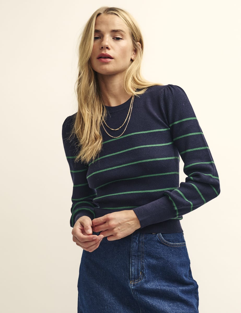 Navy and Green Rib Long Sleeve Knitted Top