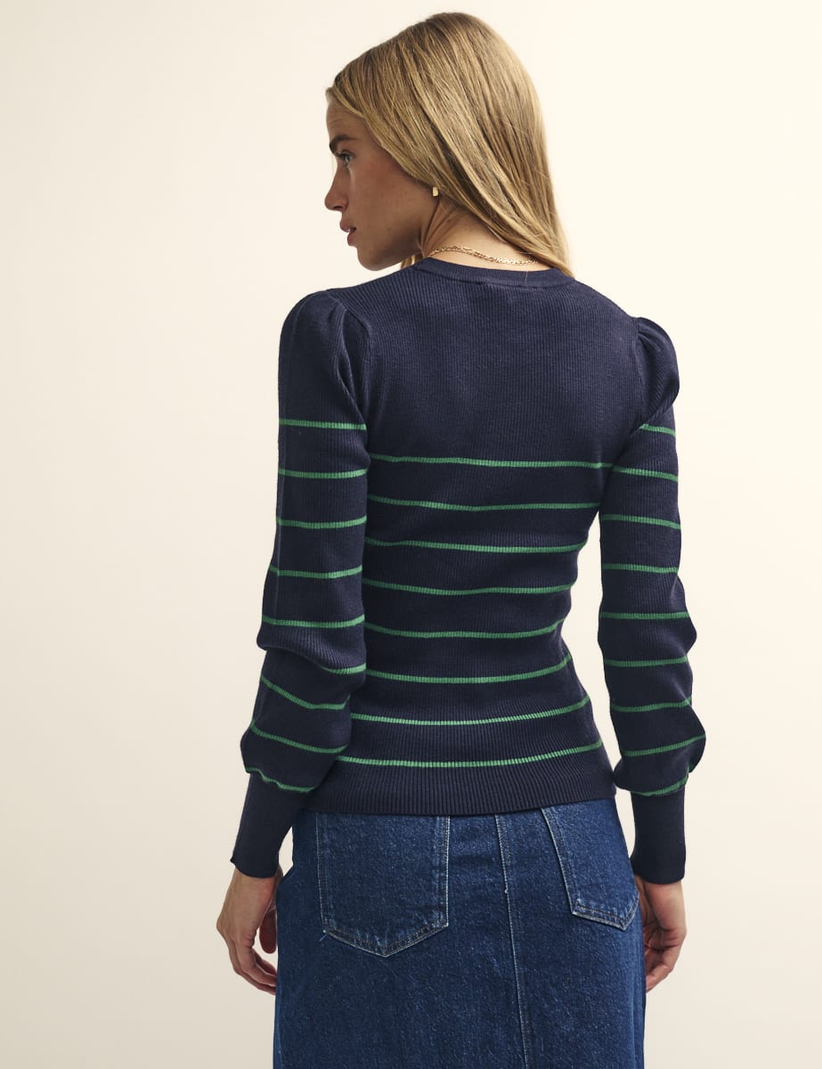 Navy and Green Rib Long Sleeve Knitted Top