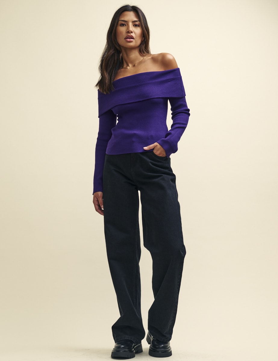 Purple Bardot Rib Knit Top