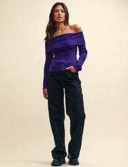 Purple Bardot Rib Knit Top