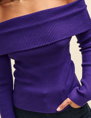 Purple Bardot Rib Knit Top