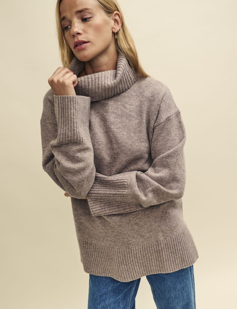 Beige Oversized Roll Neck Merino Wool Jumper