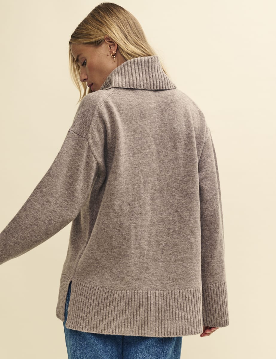 Beige Oversized Roll Neck Merino Wool Jumper