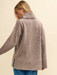 Beige Oversized Roll Neck Merino Wool Jumper