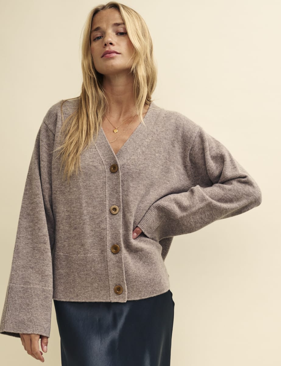 Beige V Neck Oversized Merino Wool Cardigan