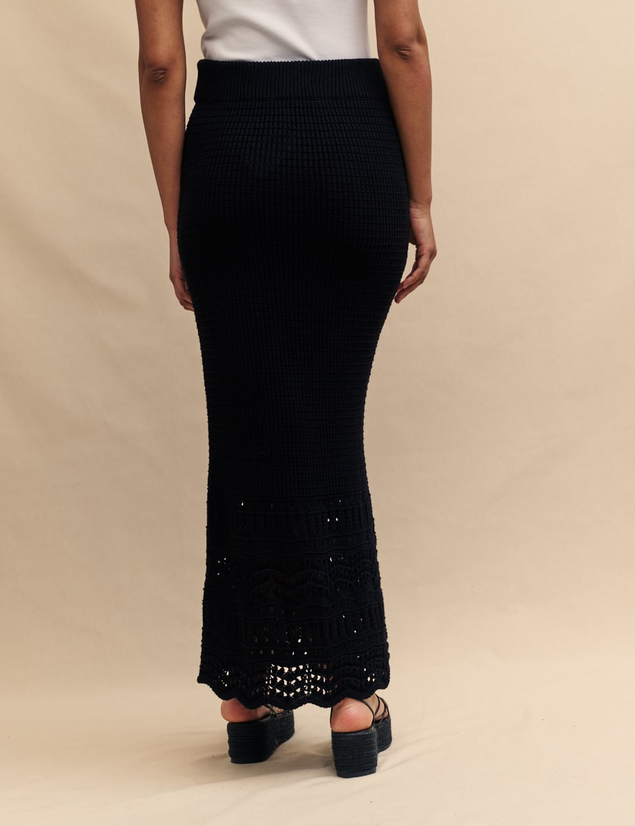 Black Mock-Crochet Midi Skirt