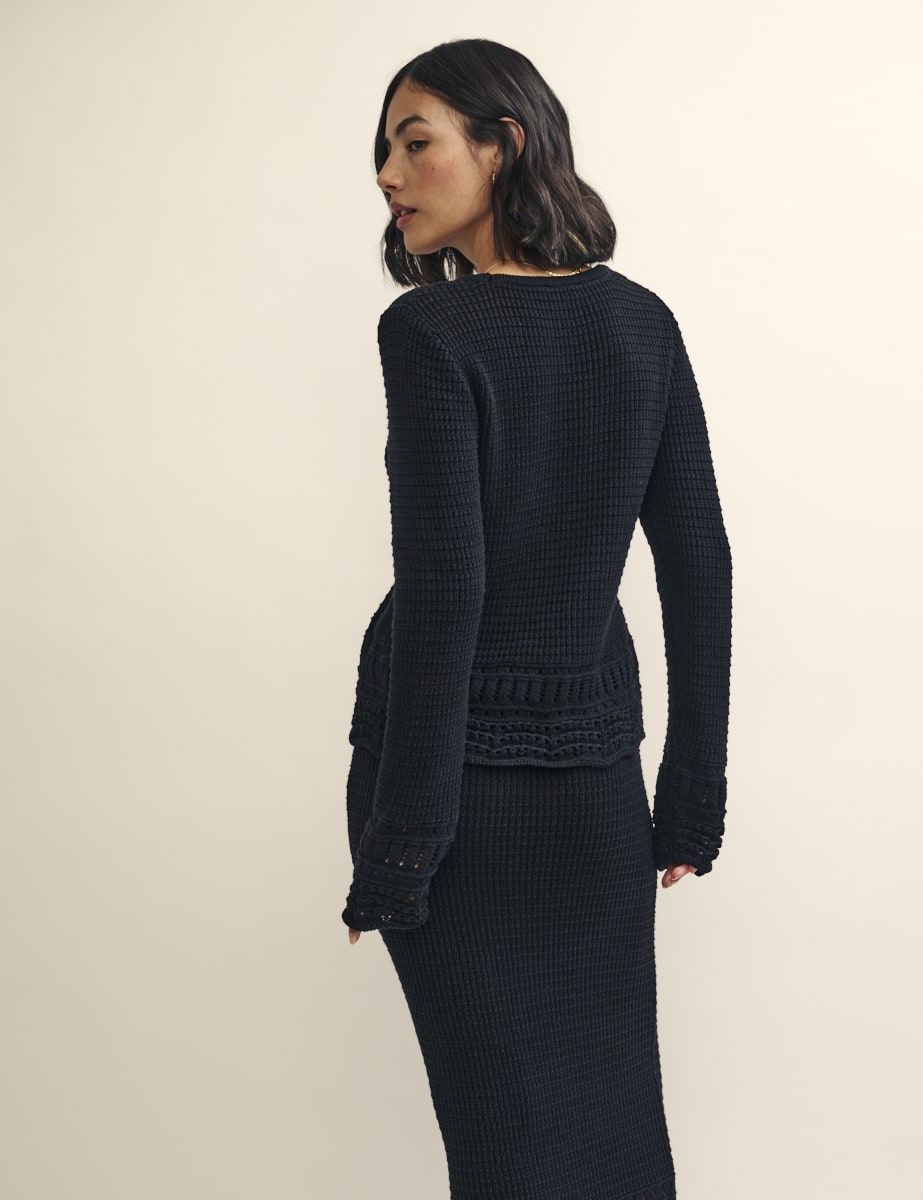 Black Mock-Crochet Tie Front Cardigan