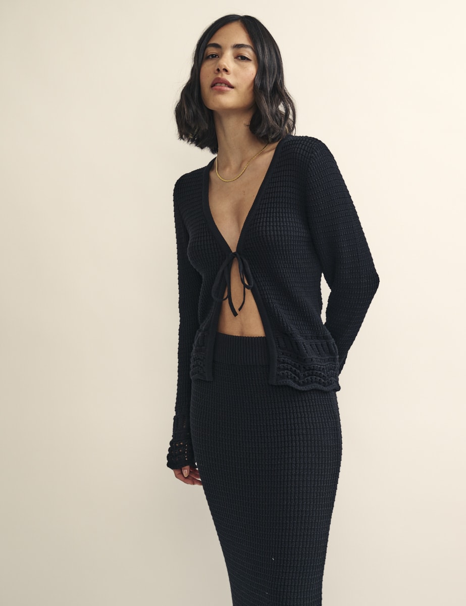 Black Mock-Crochet Tie Front Cardigan