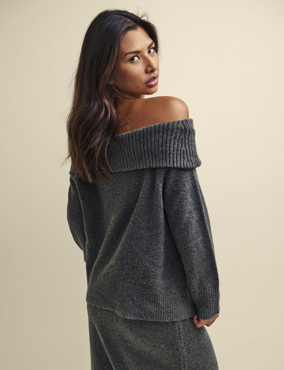 Grey Knitted Bardot Jumper