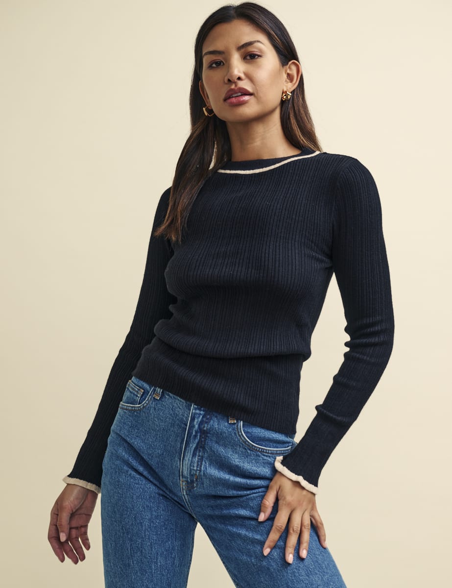 Black Wool-Blend Contrast Trim Ribbed Crew Neck Top
