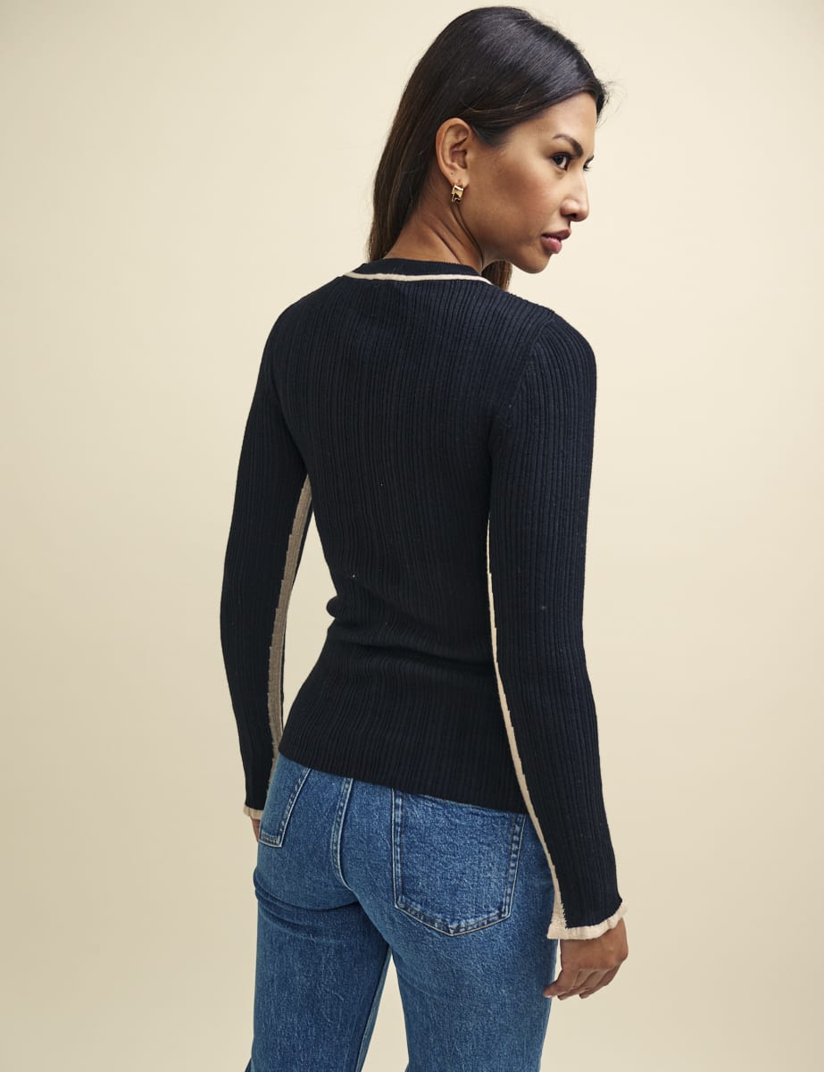 Black Wool-Blend Contrast Trim Ribbed Crew Neck Top