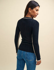 Black Wool-Blend Contrast Trim Ribbed Crew Neck Top