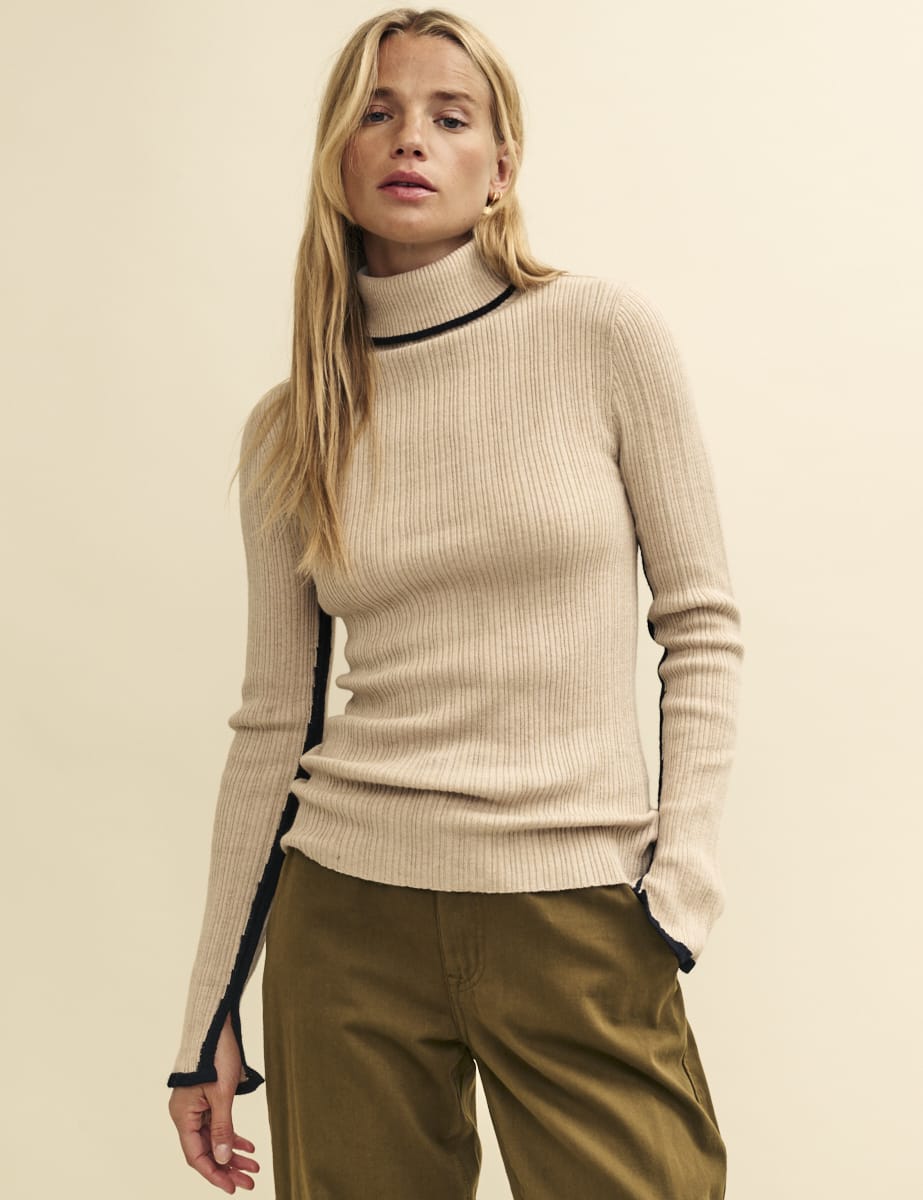 Cream Wool-Blend Contrast Trim Ribbed Roll Neck Top