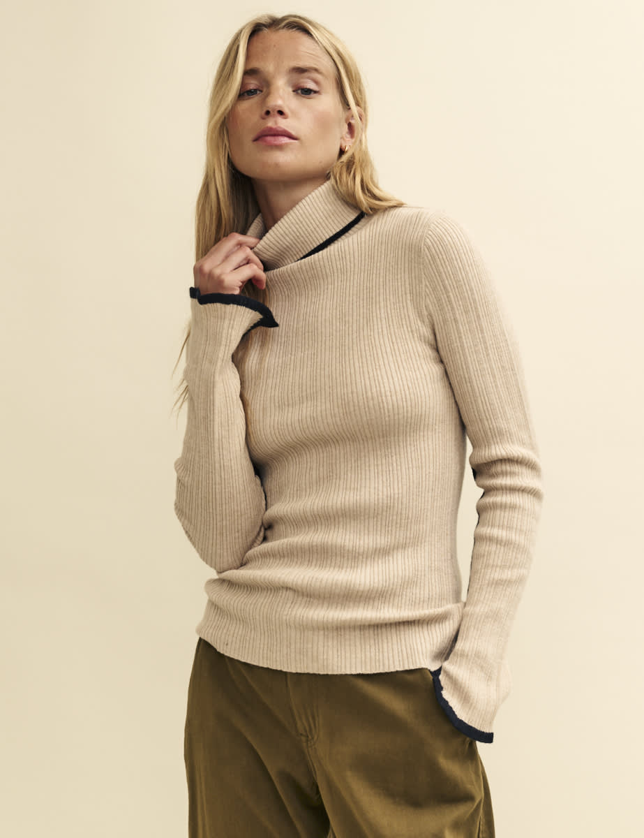 Cream Wool-Blend Contrast Trim Ribbed Roll Neck Top