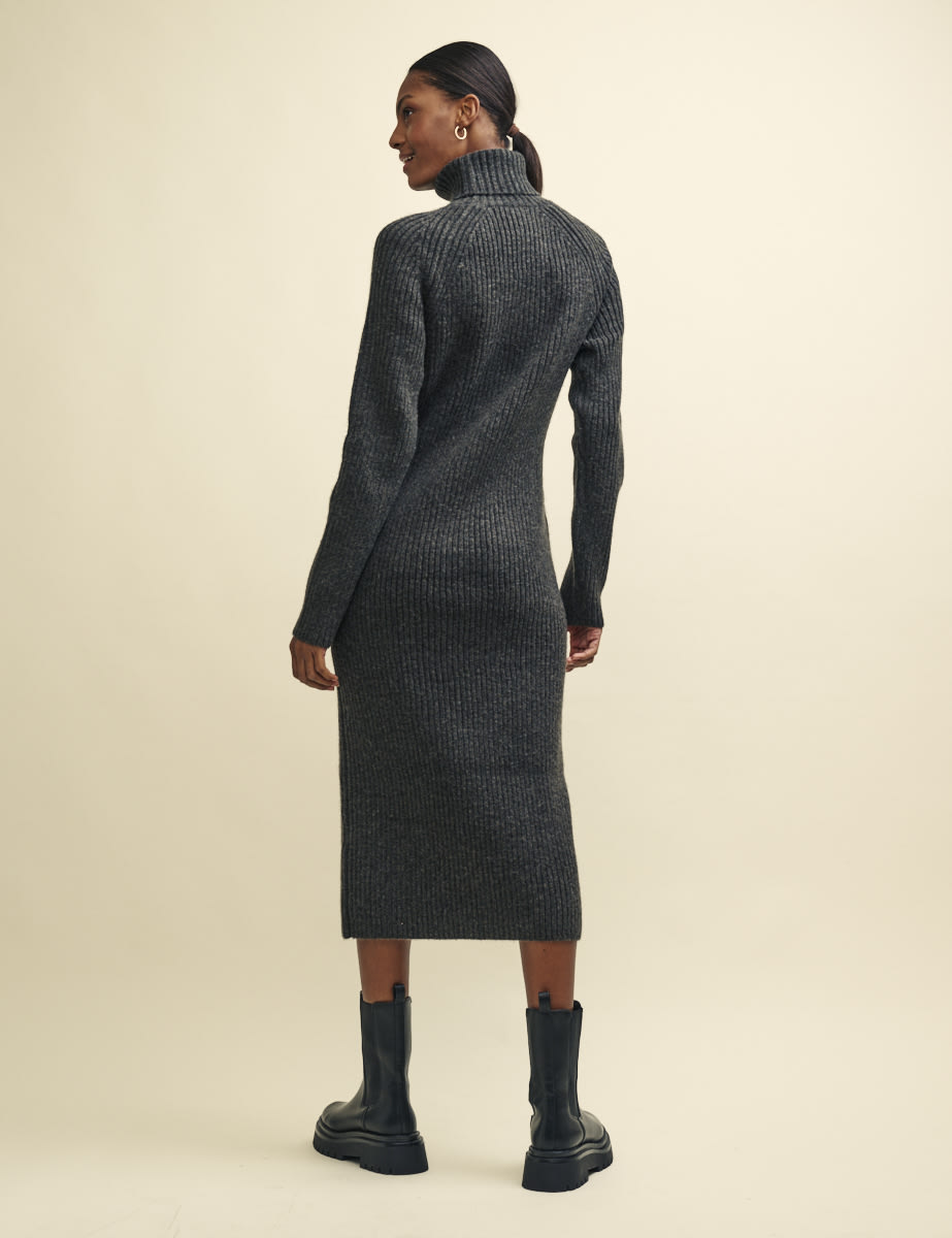 Charcoal Grey Roll Neck Knitted Midi Dress