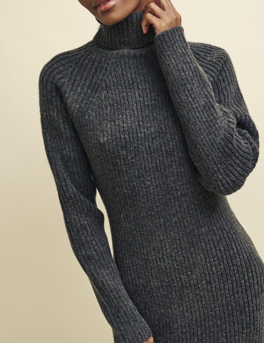 Charcoal Grey Roll Neck Knitted Midi Dress