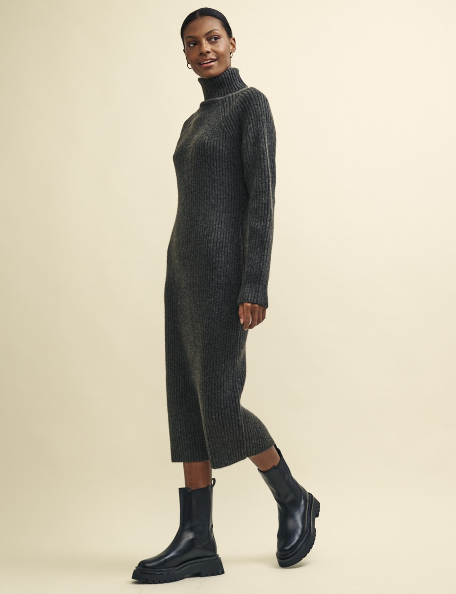 Charcoal Grey Roll Neck Knitted Midi Dress