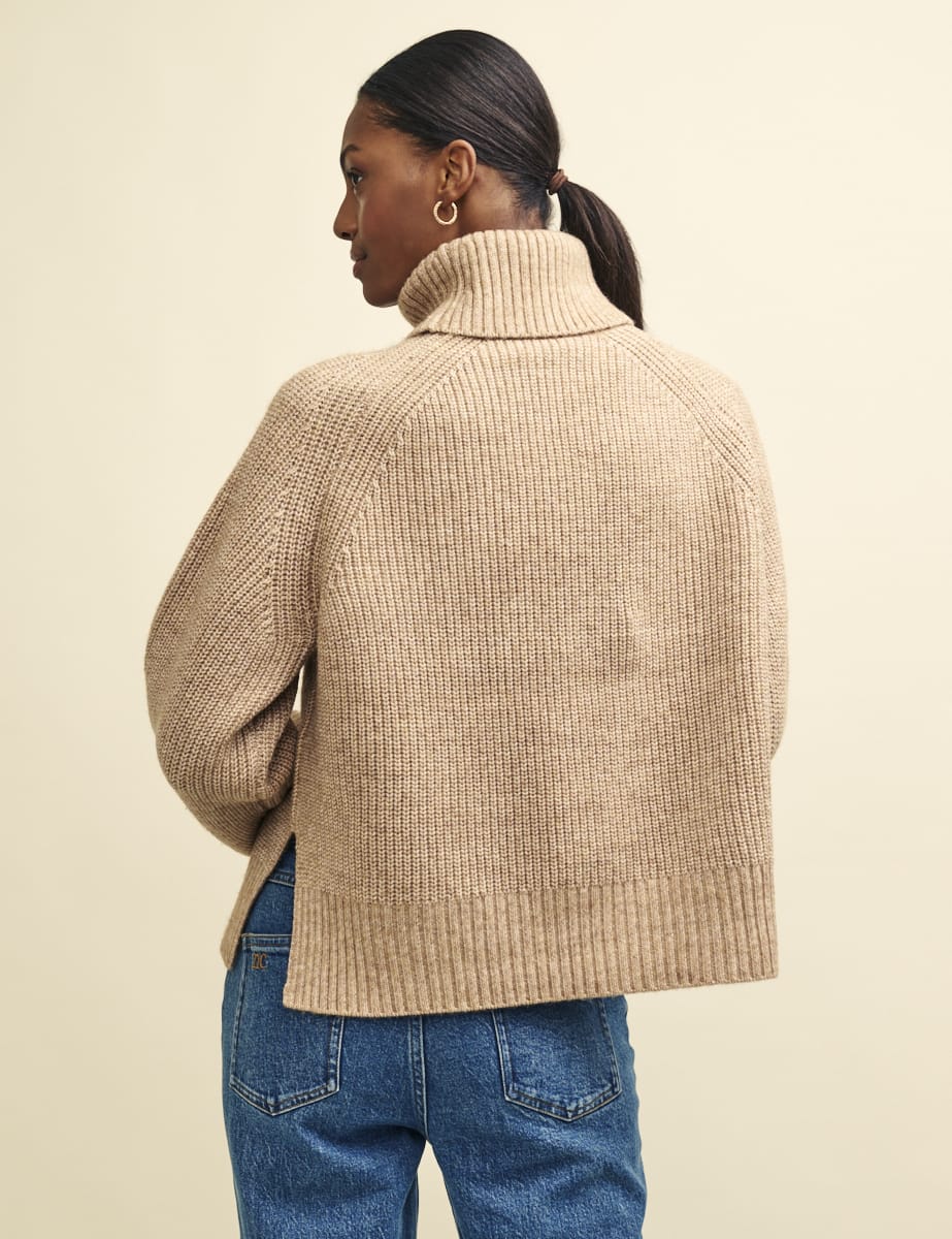 Camel Roll Neck Chunky Knitted Jumper