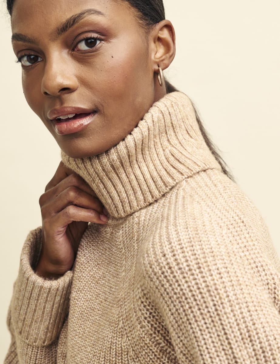 Camel Roll Neck Chunky Knitted Jumper