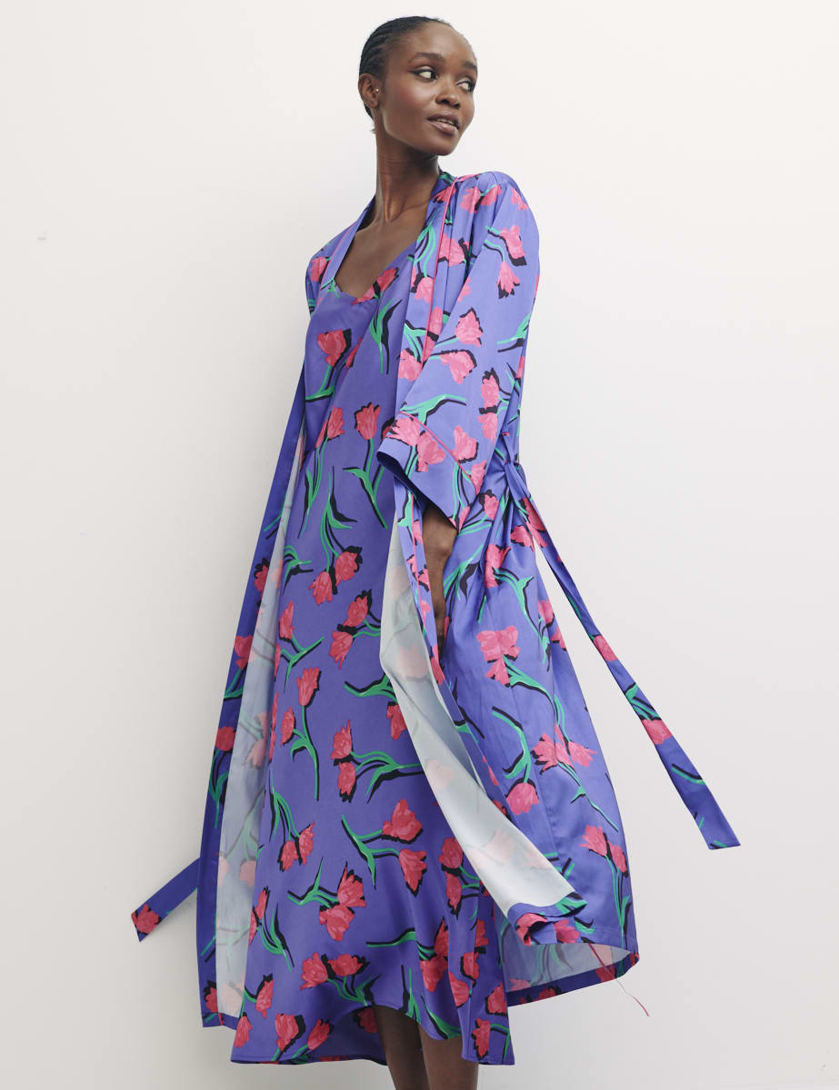 Purple Sahara Floral Long Sleeve Satin Robe