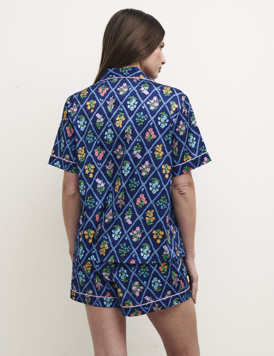 Navy Floral Satin Short Pyjama Set