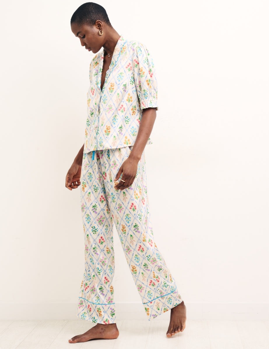 Cream Floral Satin Pyjama Set