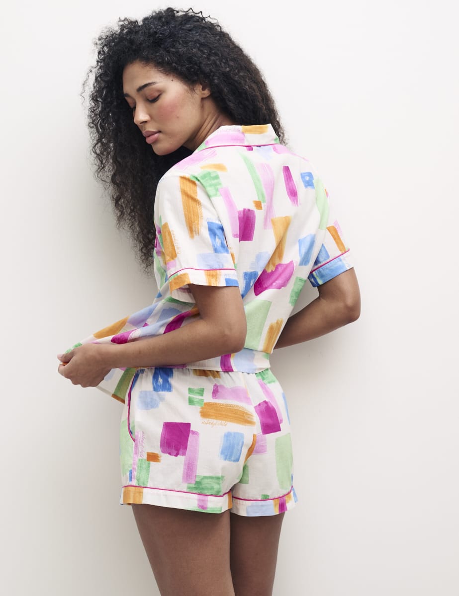 White Brushtroke Print Short Sleeve Pyjama Set