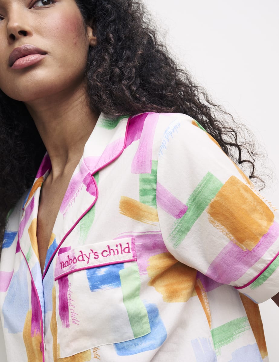 White Brushtroke Print Short Sleeve Pyjama Set