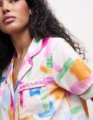 White Brushtroke Print Short Sleeve Pyjama Set