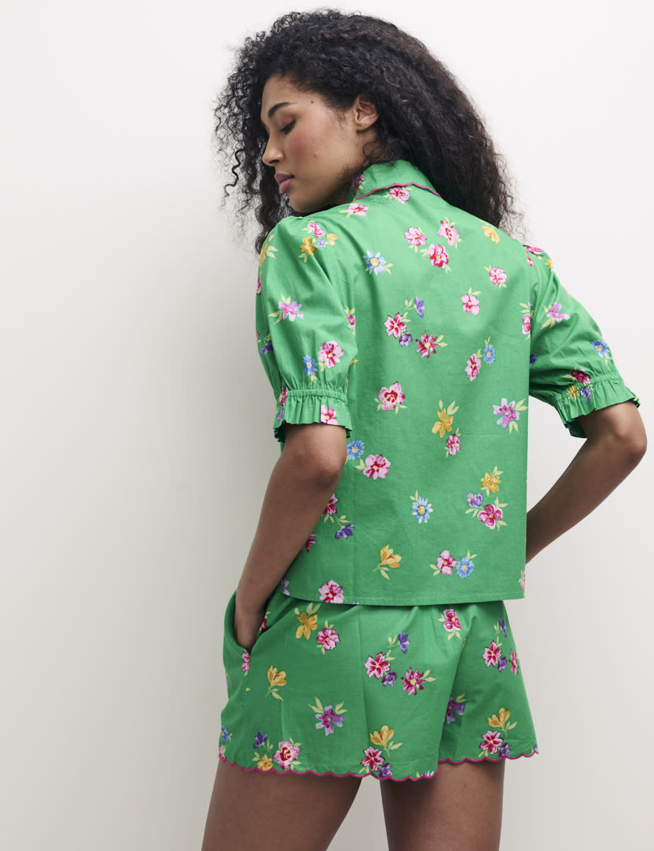 Green Floral Scallop Shorts Pyjama Set